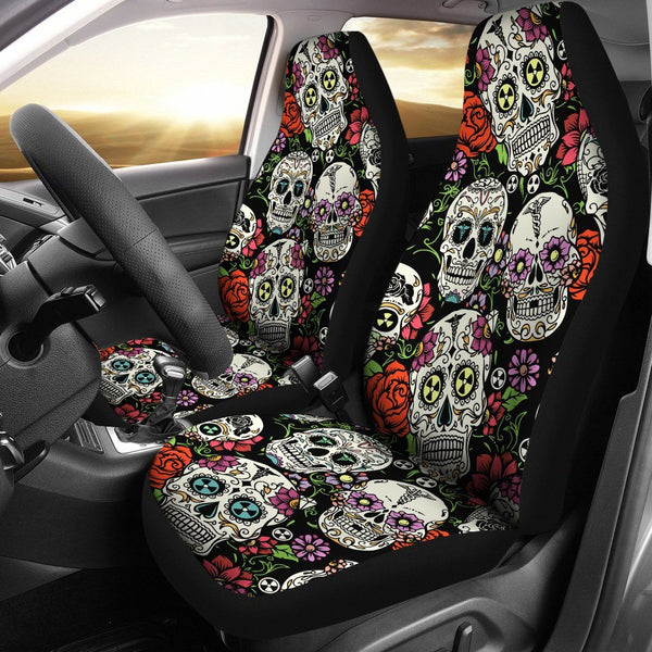 Sugar Skulls & Flowers Design Custom Car Seat Covers - Set of Two