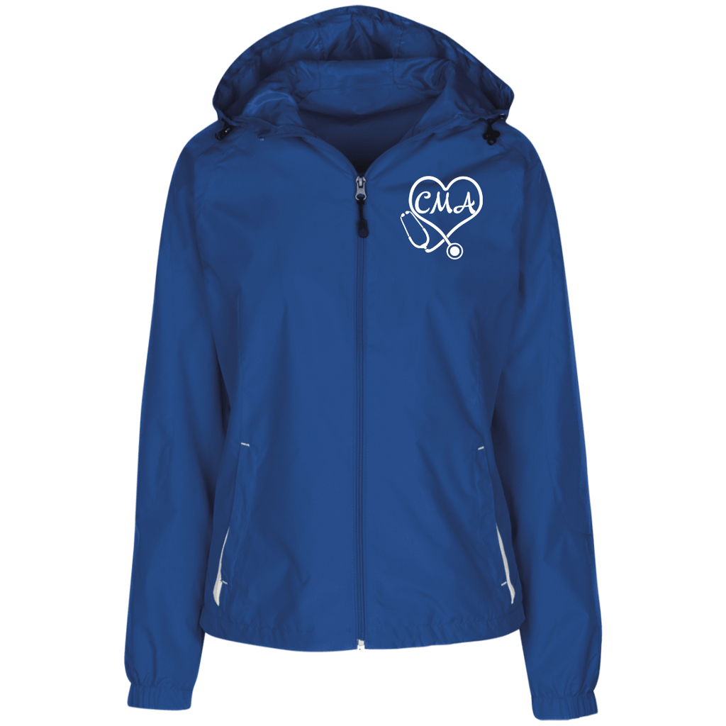 CMA White Stethoscope Heart Embroidered Ladies' Jersey-Lined Hooded Windbreaker