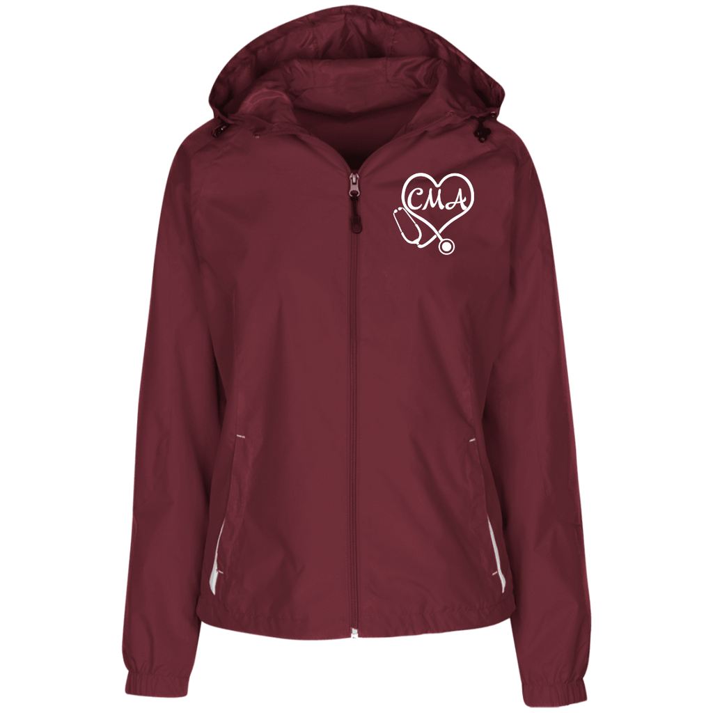 CMA White Stethoscope Heart Embroidered Ladies' Jersey-Lined Hooded Windbreaker