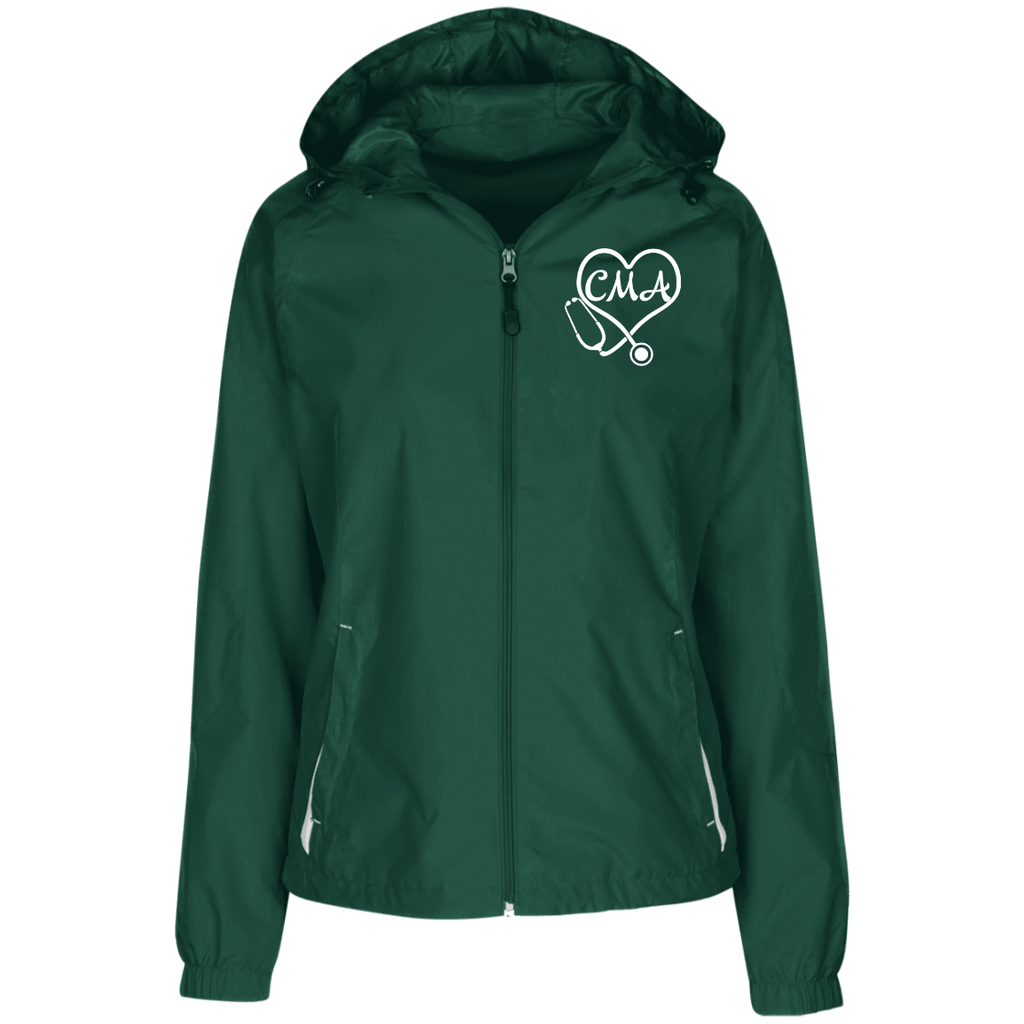 CMA White Stethoscope Heart Embroidered Ladies' Jersey-Lined Hooded Windbreaker